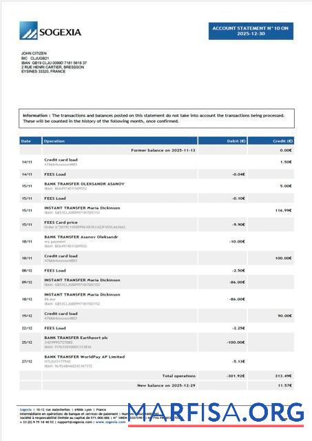 Downloadable France Sogexia Bank account statement word real example